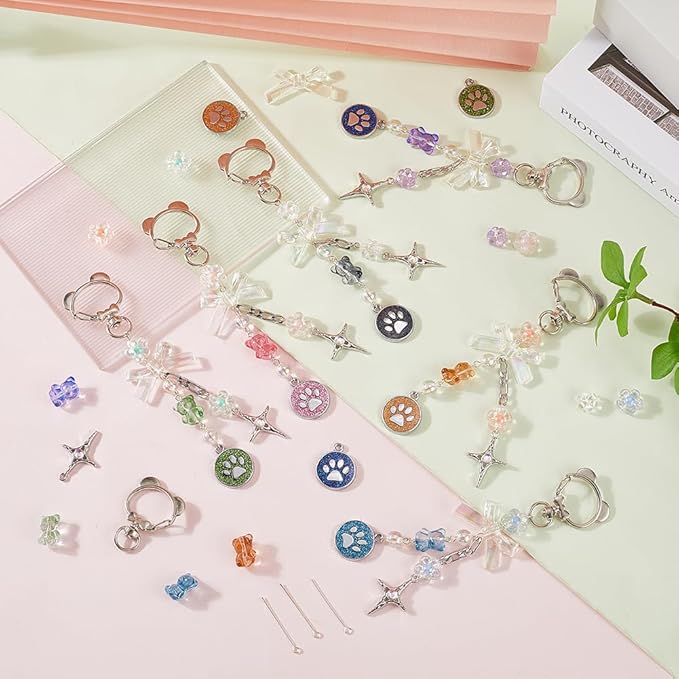 SUNNYCLUE 1 Box DIY 6 Sets Bear Bag Charms Keychain Making Kits Colorful Little Bear Bead Animal Paw Print Teddy Bead Keyring Charms for Purse Backpack Handbag Decor Pendant DIY Kit Women Accessories
