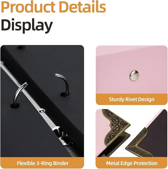 Vienrose DIY Scrapbook Photo Album Kit with Pens Tapes and Stickers 60 Pages Hardcover 8.5x11 Inches 3 Rings Removable Black Paper Scrapbooking Gift for Lover Friends Kids Wedding Valentine's Pink