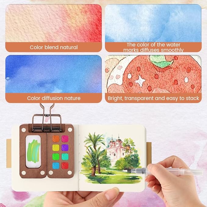 Mini Watercolor Paint Palette Set,Travel Watercolor Kit- 12 Color Paint with 8-Wooden Grid Palette,Mini Sketchbook & Brushes,Paint Palette Travel Kit for Students, Beginners