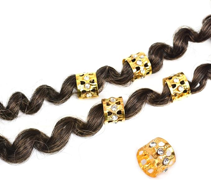 40 Pcs Golden Dreadlocks Beads Rhinestone Hair Rings Aluminum Adjustable Metal Hair Cuffs Beads Rings for Braids Hair Clip Decoration