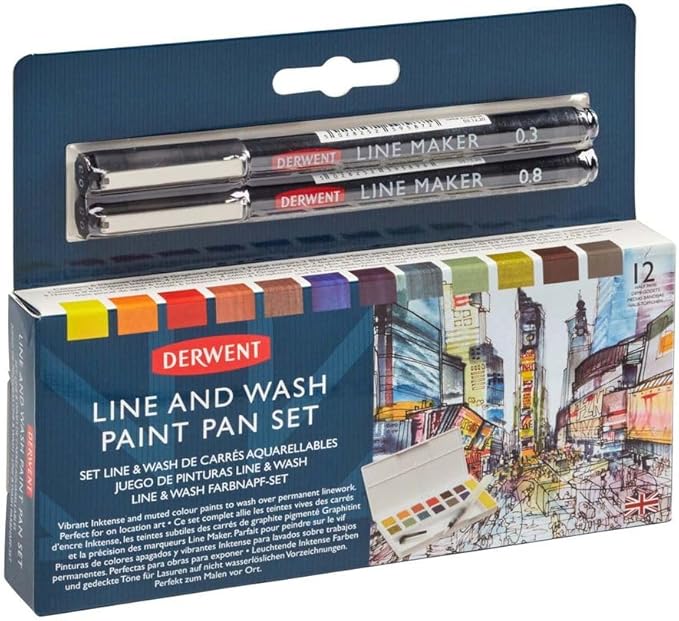 Derwent Line & Wash Paint Set, Professional Quality, Fine Line Pens, Inktense Colors, Art Supplies for Adults, Portable, Travel Set Includes 12 Paint Pans, 2 Line Makers, Mixing Palettes, Sponge