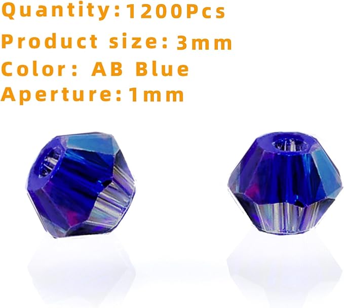 laopottbeads 1200pcs 3mm bicone crystal glass beads for jewelry making, sparkling mini beads for suncatchers, diy bracelets & craft projects (ab blue)