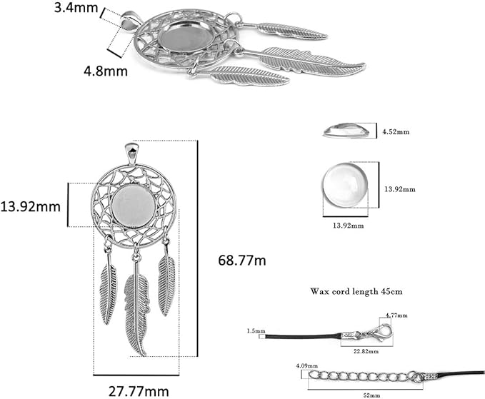 LANBEIDE 60Pieces Cabochons Jewelry Making Kits-20Pcs Dreamcatcher Bezel Pendant Trays with 20Pcs Glass Cabochons 14mm and 20Pcs Black Waxed Necklace Cords for Photo Pendant Jewelry Making