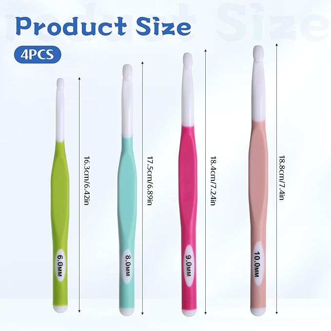 Yuomeaz 4Pcs Crochet Hooks, 6/8/9/10mm Crochet Hook Set, Ergonomic Rubber Handle Crochets Knitting Needles for DIY Craft, Beginners, Women, Adults