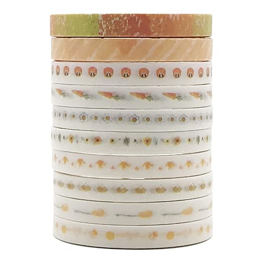 Vintage Pattern 5mm Wide Skinny Washi Tapes Set, 10 Rolls Minimalist Yellow Japanese Masking Decorative Tapes for Bullet Journal Planners DIY Decor Crafts Arts Scrapbooking Adhesive