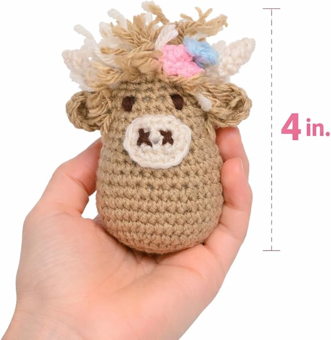 LEISURE ARTS Crochet Kit, Pudgies Highland Cow, Tan, 4", Crochet Kit for Beginners, Complete Kit, Animal Kits, Animal DIY Amigurumi Kits