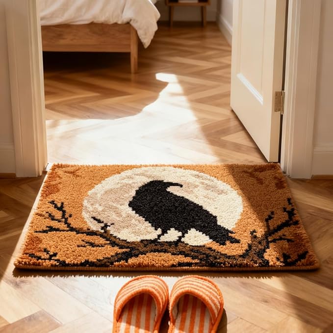 ORIGACH Black Raven & Moon Latch Hook Rug Kit for Adults Printed Rug Making Kit Handmade Carpet Tapestry Cover with Hook Latch and Preprinted Canvas, Home Arts Crafts Sofa Decor, 20.5x15inch