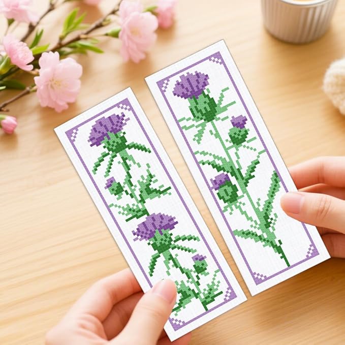 ORIGACH 6 Set Cirsium Cross Stitch Bookmark Kit for Beginners Include Cotton Thread, Aida Cloth, Backing Felt and English Instructions, Embroidery Bookmark Kit for Book Lovers