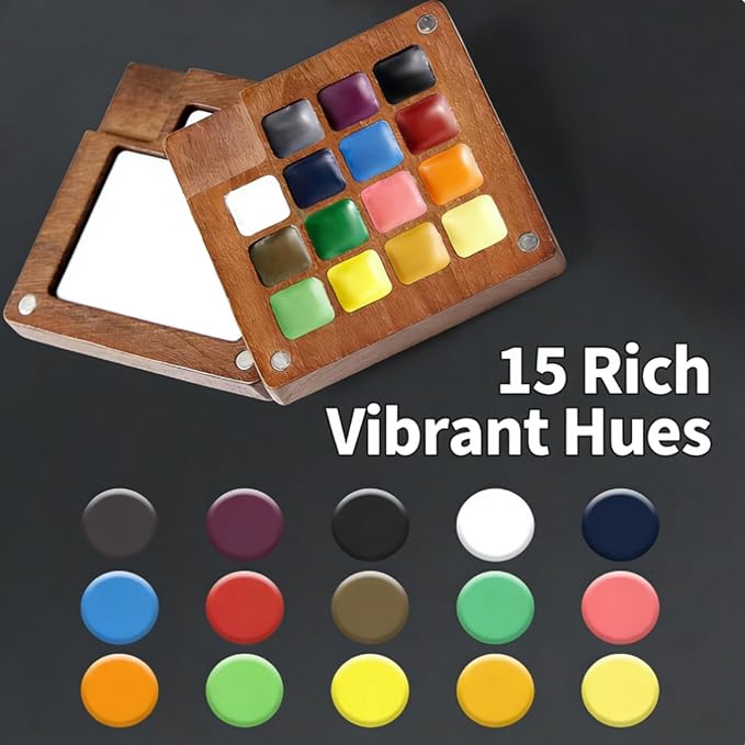 Mini Watercolor Paint Set, All-in-One 15-Color Walnut Wood Travel Kit with Crossbody Bag, Watercolor Journal, Metal Clip, Water Cup, Water Brush, Portable Pocket Art Set for Adult Art Lovers (Green)