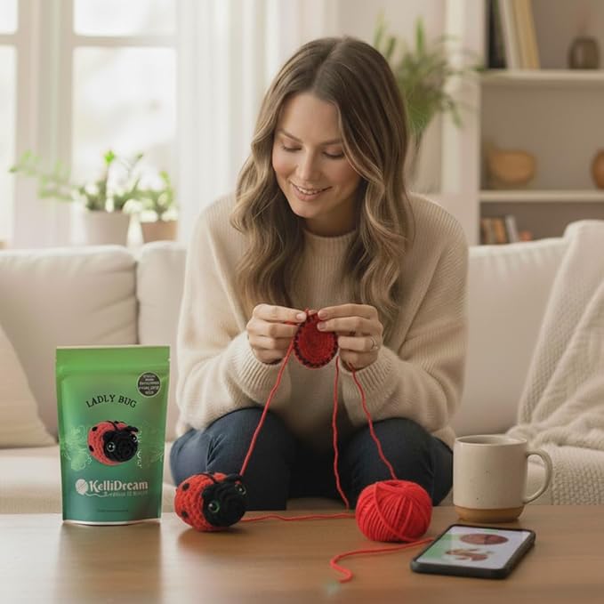 KelliDream Magic Circle Tool Inclusive Learn to Crochet Kit for Beginners; Step-by-Step Video Tutorials; All Supplies to Make Cute Amigurumi (Ladybug)