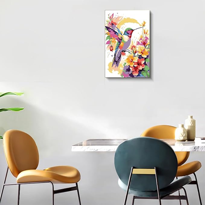 Gemozaic Framed Paint by Numbers Kit for Adults, Hummingbird Adults Paint by Number Kits on Canvas with Wooden Easel for Home, Office, Wall Decor, 8 x 12 Inch