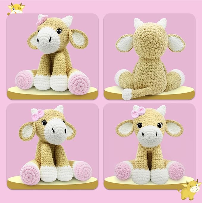 codgp crochet kit for beginners,11.8in crochet animal kit cow,crochet starter kit gift for adults kids with yarn sets,amigurumi crochet kit with step-by-step video tutorials