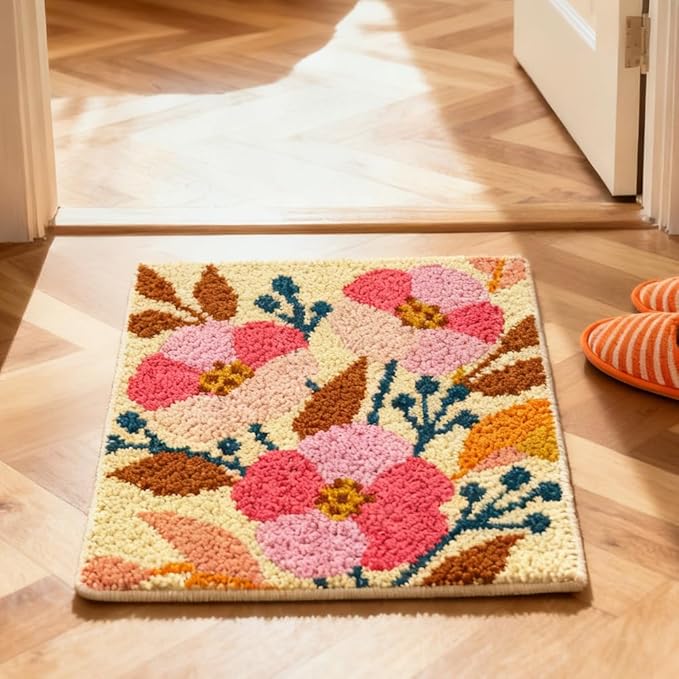 ORIGACH Vintage Flower & Plant Latch Hook Rug Kit for Adults Printed Rug Making Kit Handmade Carpet Tapestry Cover with Hook Latch and Preprinted Canvas, Home Arts Crafts Sofa Decor, 19.6x19.6inch