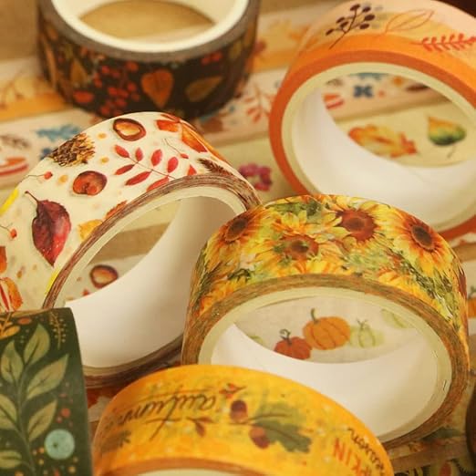 YUBBAEX 10 Rolls Four Seasons Washi Tape Set Yellow Leaves & Flowers Masking Decorative Tapes (Autumn)
