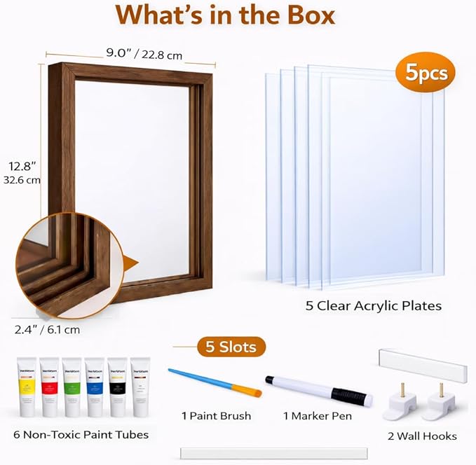 brown family handprint kit for 5 – wooden frame with 5 clear acrylic boards, diy handprint keepsake for baby, pet, mom, grandparents, hand mold art set with non-toxic washable paint (brown)