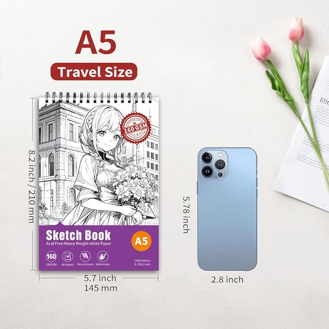 Thickened Mixed Media Sketchbook - Three Different Sizes, Drawing Paper Pad-108lb/160gsm, (Anime X, A5 (Travel Size) 5.7X8.2 inch)