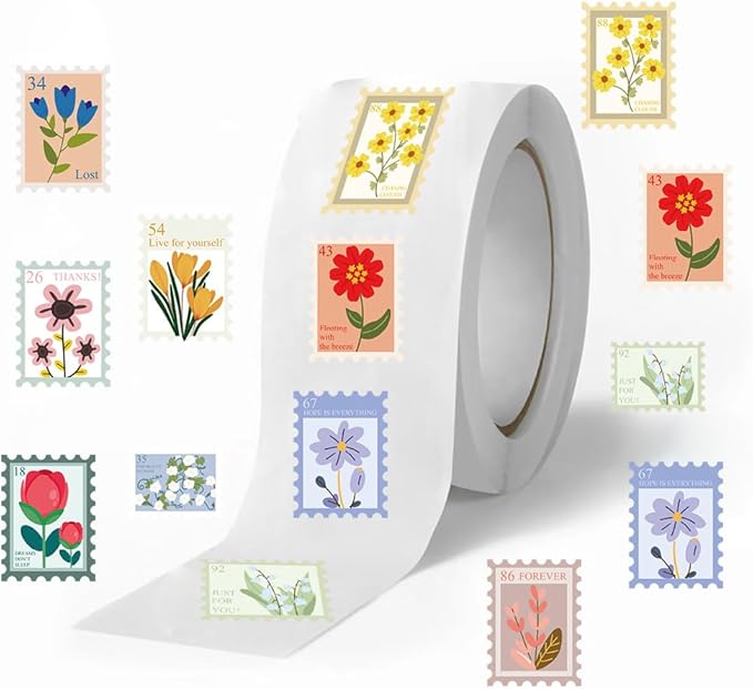 1000pcs flower stamp stickers roll for kids, 2 rolls 10 styles floral sticker rolls for scrapbook, planner, journal, envelope, card making, gift wrapping, party favors