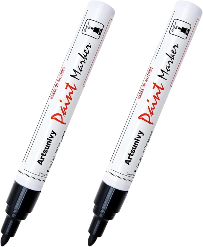 Black Paint Pens Permanent Markers - 2 Pack Oil Based Quick Dry Waterproof Markers for Plastic, Tire, Rubber,Wood, Rocks, Metal, Canvas, Dark Surface,Craft Art Supplies,Medium Point