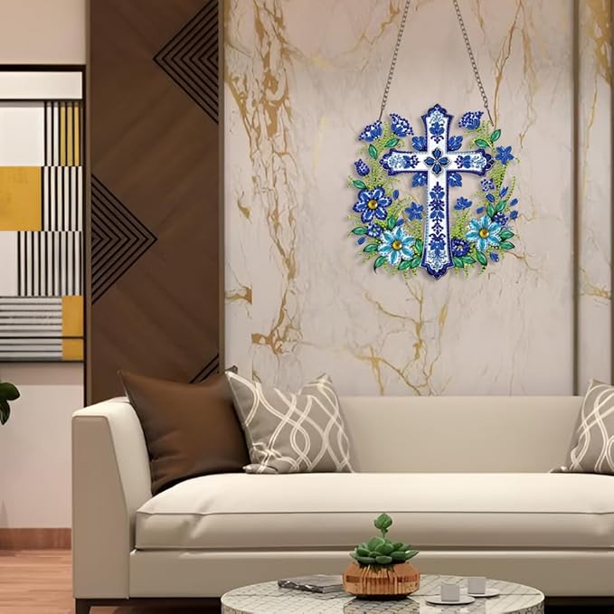 STGLCR Cross Hanging Diamond Art Kits for Adults - Cross Acrylic Board Double Sided Pattern Jesus Diamond Painting Suncatcher Pendant, Crystal Art for Home Wall Window Decor Handmade Gift 7.8Inch
