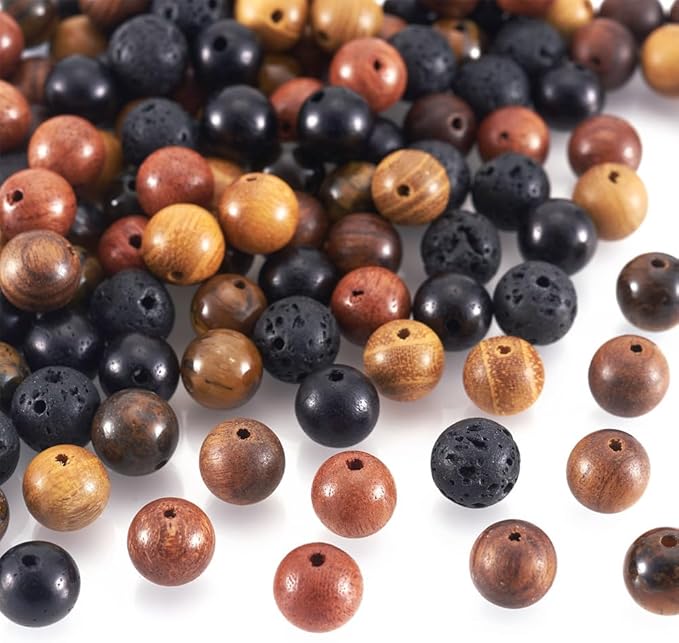 KISSITTY 300Pcs 6 Style Natural Wood Round Gemstone Beads Kit for Easter 8mm Lava Rock Bead & Grade AB Tiger Eye Wood Bead Natural Polished Wooden Ball Loose Beads for Men Bracelet Jewelry Making