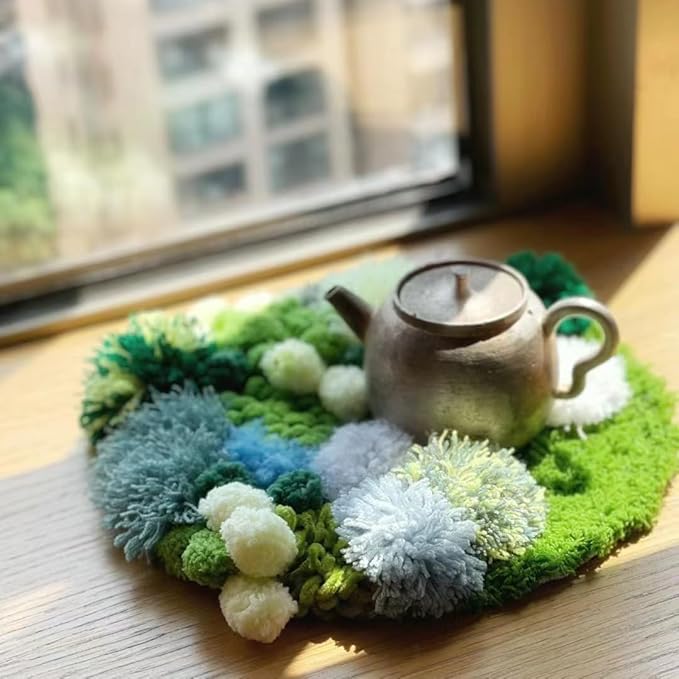 beausougon DIY Latch Hooking Craft 3D Coaster Set with Moss Design, Crochet Kit for Adults