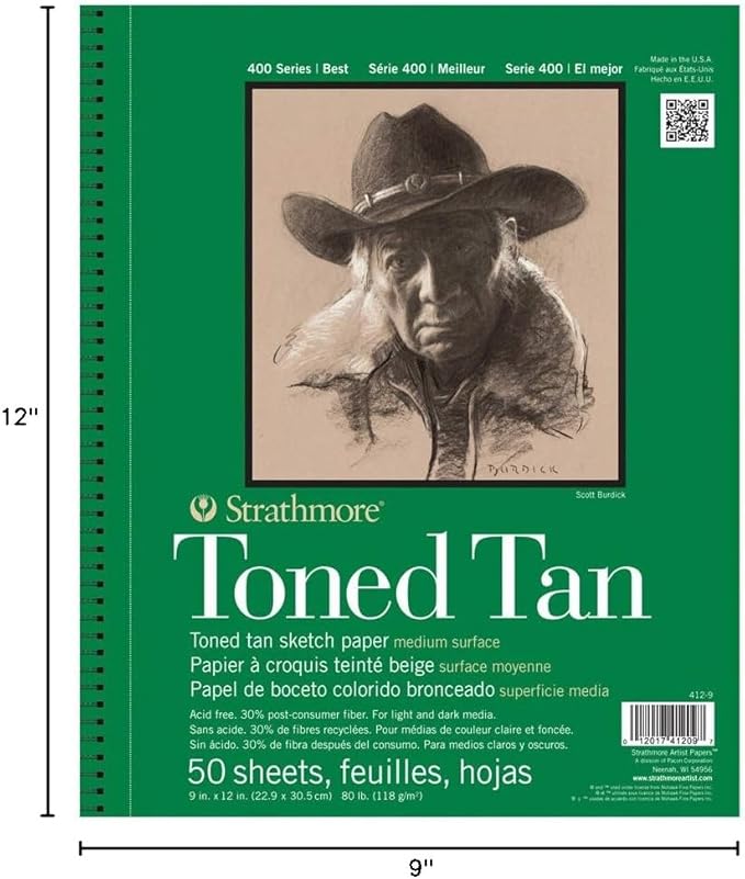 Strathmore 400 Series Wire Bound Toned Sketch Pad, 80 lb. Paper, 9 X 12 inches, Tan, 50 Sheets (412-9)
