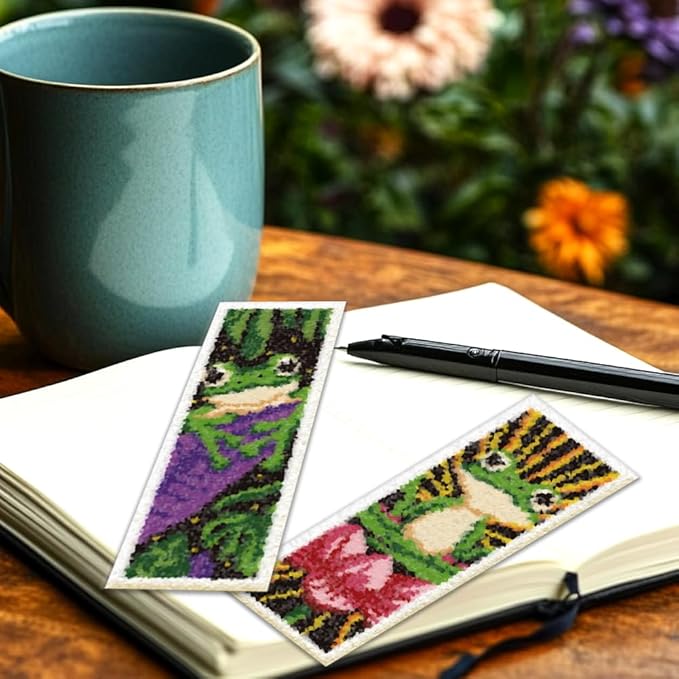 ORIGACH 6 Set Frog Cross Stitch Bookmark Kit for Beginner with Backing Felt Floss Instructions DIY Stamped Embroidery Bookmark Kit for Adults, Book Lovers