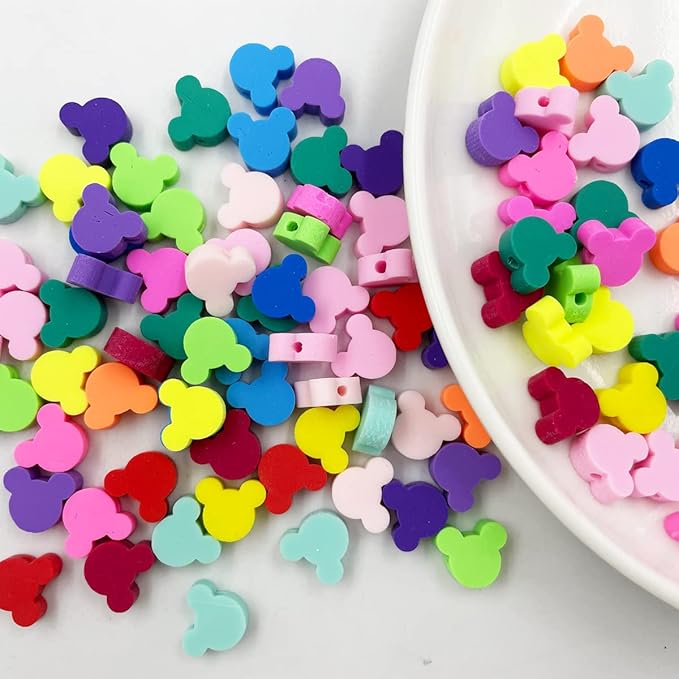 100 Pcs Polymer Clay Mouse Head Loose Spacer Beads, 10mm Mixed Color Cute Beads Charms for Women DIY Hair Clip Necklace Bracelet Jewelry Earring Handmade Craft Making