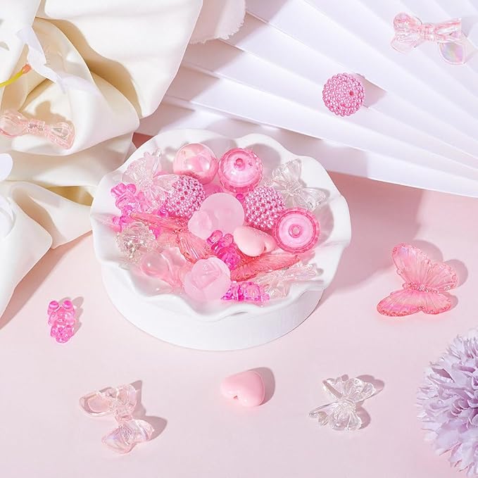 FASHEWELRY Pink Acrylic Pony Beads Assorted Heart Candy Flower Bear Beads Gummy Cute Pastel Bead Bulk for Bracelets Necklaces Key Chains Jewelry Making, 70pcs