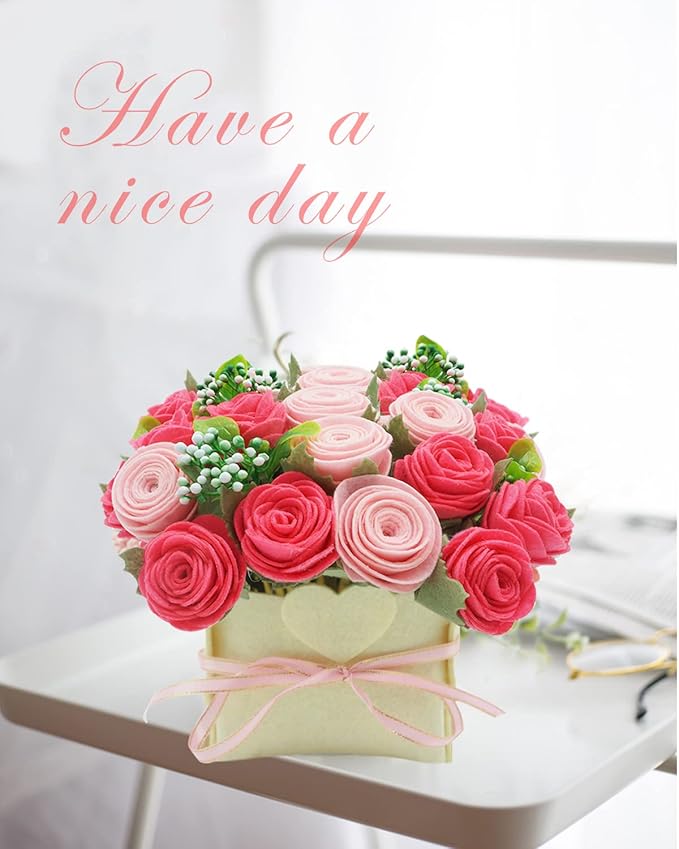 BAZIMA ALICE DIY Felt Flower Kit - Pink Rose Bouquet Kit, Floral Gifts - Arrange Pre-Cut Flowers and Foliage