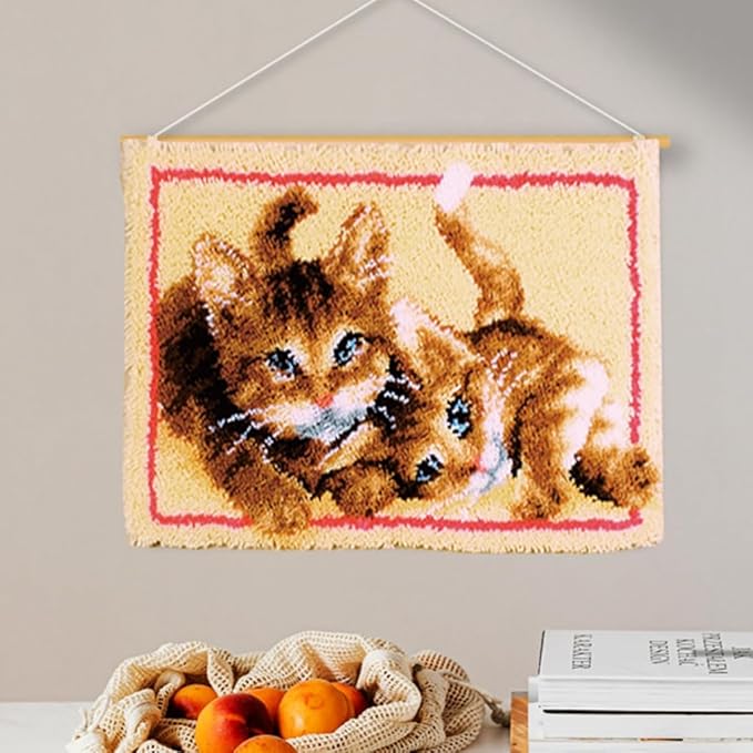 DL-YTG Latch Hook Kits Rug Cat Crochet Yarn Cushion Colour Pre-Printed Canvas Cover Rug Needlework DIY Hook and Latch Kit Home Decoration 52x38cm/20 X15inch