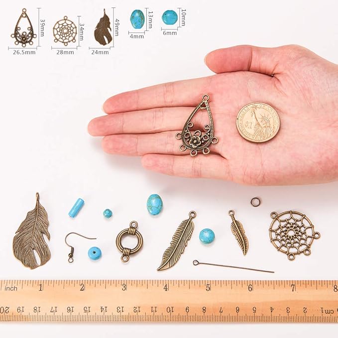 SUNNYCLUE 1 Box DIY 8 Pairs Bohemian Feather Dream Catcher Earring Making Kit Antique Bronze Feather Charm Connector, Turquoise Gemstone Beads, Earring Hooks Jewelry Supplies Beginners, Instruction