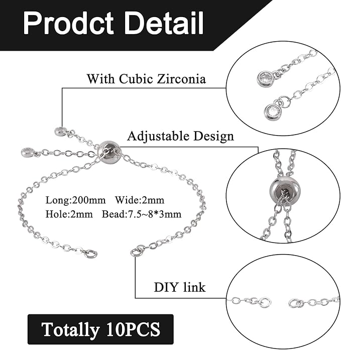 FASHEWELRY 10Pcs Adjustable Slider Bracelet Platinum Cable Chains Bracelet Slider Extender Chains with Cubic Zirconia Ends for Woman Jewelry Making, 7.87 Inch Long