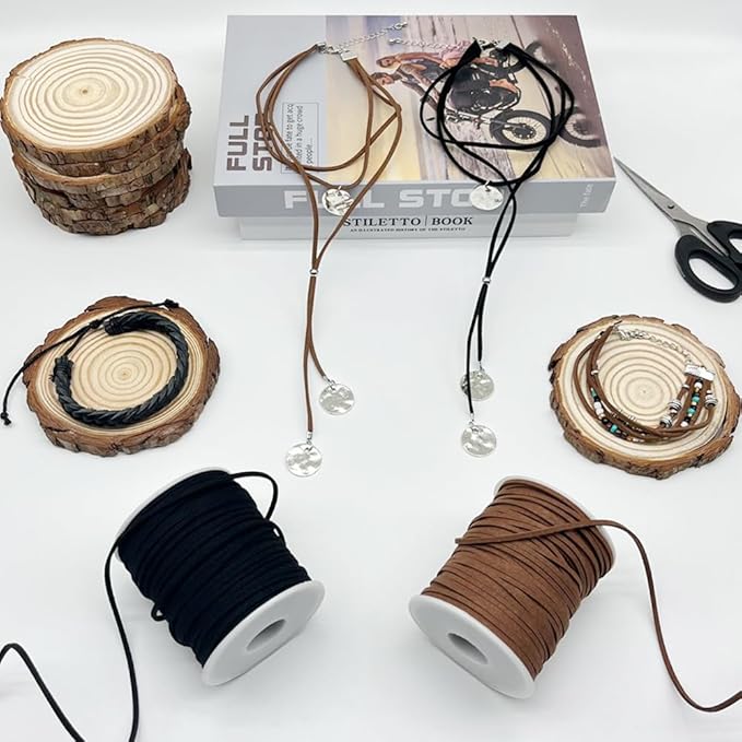 leather string, 2 rolls faux leather cord, flat suede leather lace for necklaces, bracelets, jewelry making, tassels, dream catchers and art crafts