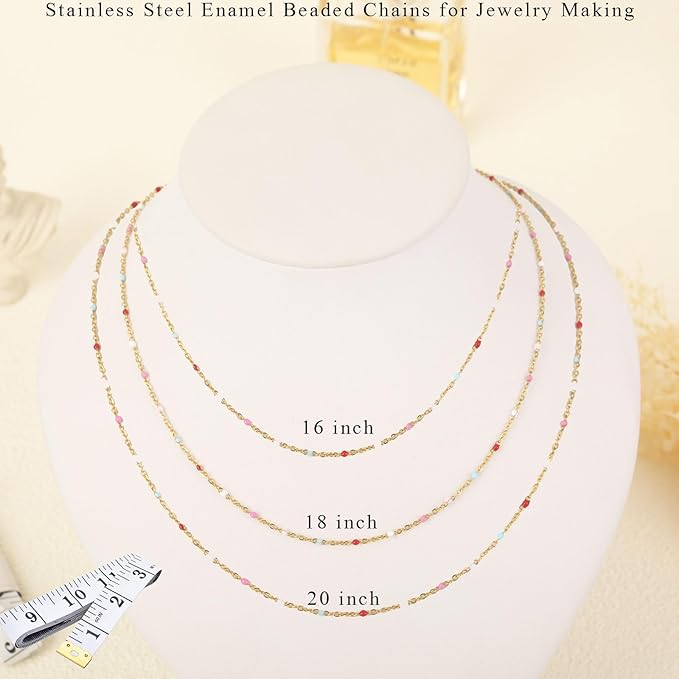 Gold Plated Stainless Steel Enamel Cable Chain for Jewelry Making, Oil Drip Rainbow Beaded Links Chains for DIY Necklace Bracelet Craft Jewelry Making Supplies with Lobster Clasps Soft Tape Measure