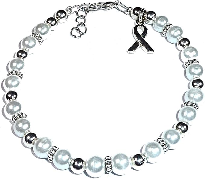 Hidden Hollow Beads DIY Craft Beading Kit, Everything to Make Cancer Awareness Bracelets, Uses Wire, Crimps & Clasps, Fundraising and Gifts (Lung Cancer - White Pearl - Makes 5)