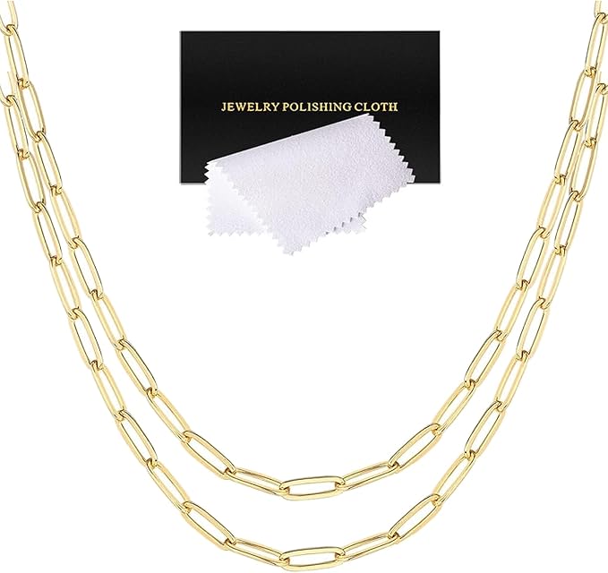 5 Pcs Paperclip Chain Necklace for Women 20 Inch Stainless Steel Gold Charm Necklace Chains Adjustable Link Chains with Lobster Clasps Polishing Cloth for DIY Women Jewelry Making Gifts Supplies