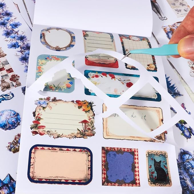Dwpetzo Vintage Alice's Journey Pre-Cut Journal Sticker Book for Junk Journaling, Dual PET and Writing Paper Materials, Collage Stickers for Scrapbooking Supplies, Planner, Bujo, A5, 20 Sheets
