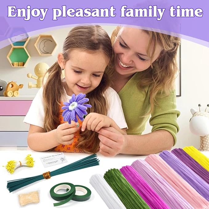 985-Piece Jumbo Size Premium Muti-Color Pipe Cleaner Craft Kit with Floral Supplies - Chenille Stems, Flower Wires, Stamens & Video Tutorial for Wedding Decorations (Purple Pink Set, Jumbo Craft Set)
