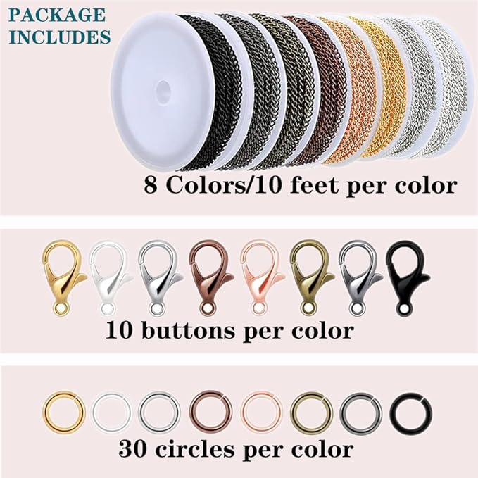 80ft Jewelry Making Kit - 8 Color Stainless Steel Curb Chain, 240 Jump Rings & 80 Lobster Clasps for DIY Bracelet, Earring & Necklace Crafts (2*3 mm)