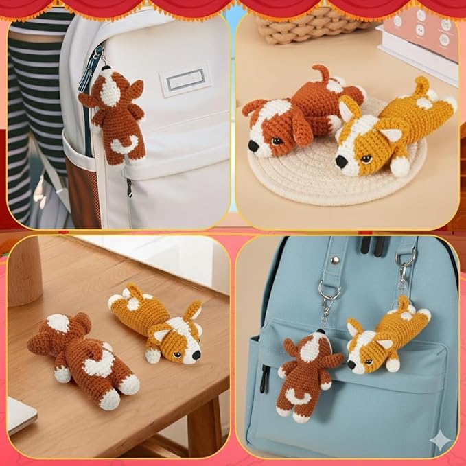 fortuning's jds crochet kit for beginners - 2 pcs corgi crochet kits with step-by-step video tutorials, beginner crochet kit for adults, crochet animal kit, dog knitting kit gifts valentine's day