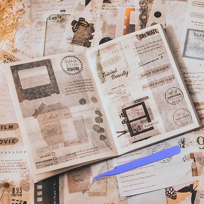 40 Sheets Vintage Washi Stickers Book for Adults, Junk Journal Book Ephemera with 180pcs Film Stickers and 20 Adhesive Scrapbooking Papers, Bullet Journaling Scrapbook Supplies