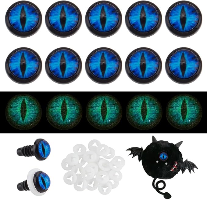 PH PandaHall 24 Sets Glow in The Dark Safety Eyes, 10mm Eye Cabochons Dragon Eye Blue Luminous Plastic Safety Craft Eye Crochet Eyes Safety Eye with Washers for Crochet Stuffed Animal Teddy Bear Decor
