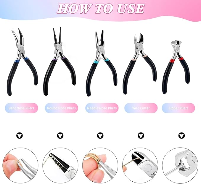 5Pcs Jewelry Pliers Set Jewelry Making Pliers Tools Kit Include Jewelry Making Needle Nose Chain Nose Round Bent Pliers Wire Cutter for Bracelet Beading DIY Craft Jewelry Making Supplies