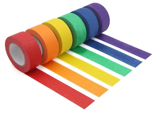 Colored Masking Tape, Colored Painters Tape for Arts & Crafts, Labeling or Coding - Art Supplies for Kids - 6 Different Color Rolls - Masking Tape 1 Inch x 13 Yards (2.4cm X 12m)