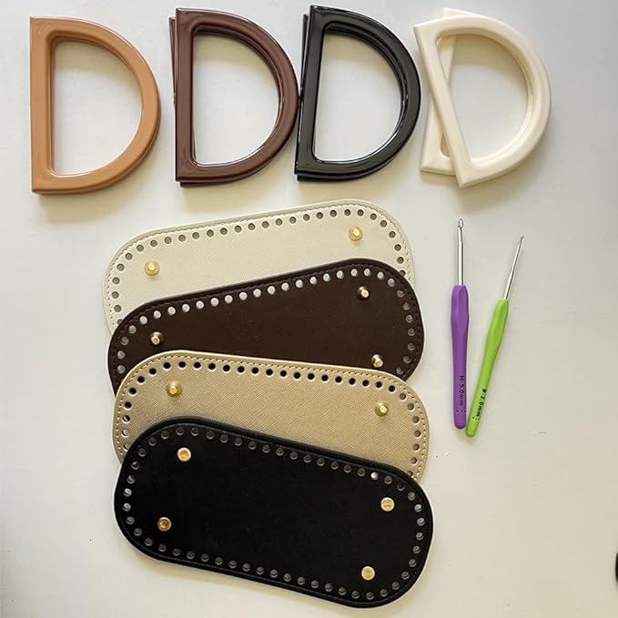 4 Pcs Leather Crochet Bag Bases, 8 Pcs D Shape Purse Handles with 2 Size Crochet Hooks for DIY Bags Craft Making