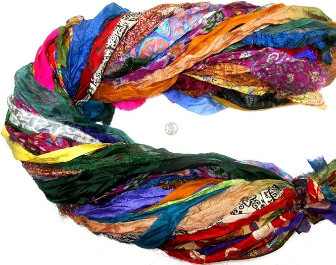 Vintage Fabrics Crafts 42 Yards Unstitched Sari Silk Yarn Ribbon Tassels 42 Strips SKEINS Mixed Shades Journal Scrapbook Craft Project Decor