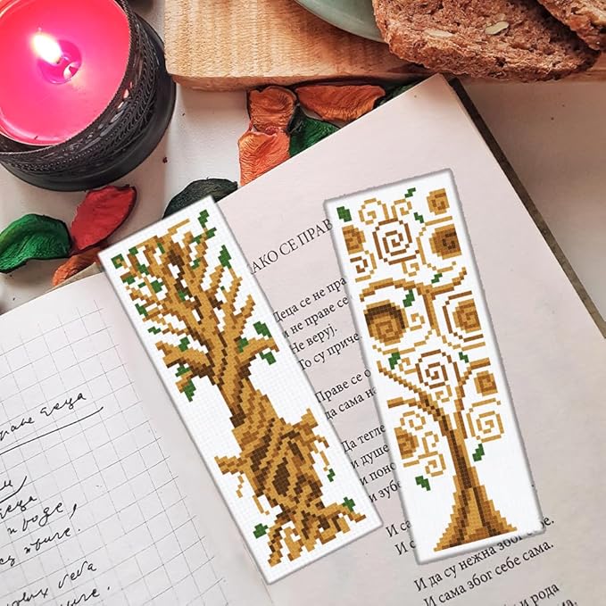 ORIGACH 6 Set Tree of Life Cross Stitch Bookmark Kit for Beginner with Backing Felt Floss Instructions DIY Stamped Embroidery Bookmark Kit for Adults, Book Lovers