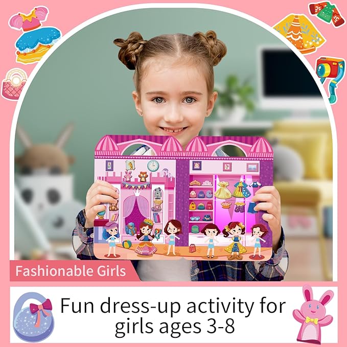 kalysky dress up sticker books for girls ages 2-4 4-8, reusable puffy 3d sticker books for toddlers 2-4 years, include princess mermaid fairy and fashion girl,activity book for toddlers 1-3