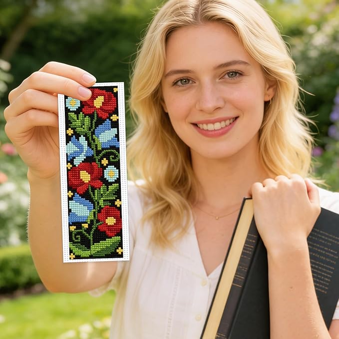 ACRNIGHEET 6PCS Cross Stitch Kits Stamped Cross Stitch Bookmark Kit for Beginner Adults Easy Flower DIY Embroidery Bookmark Kit Needlepoint Kits with Instructions Book Lovers Craft Gift 8.5''x3'' 11CT